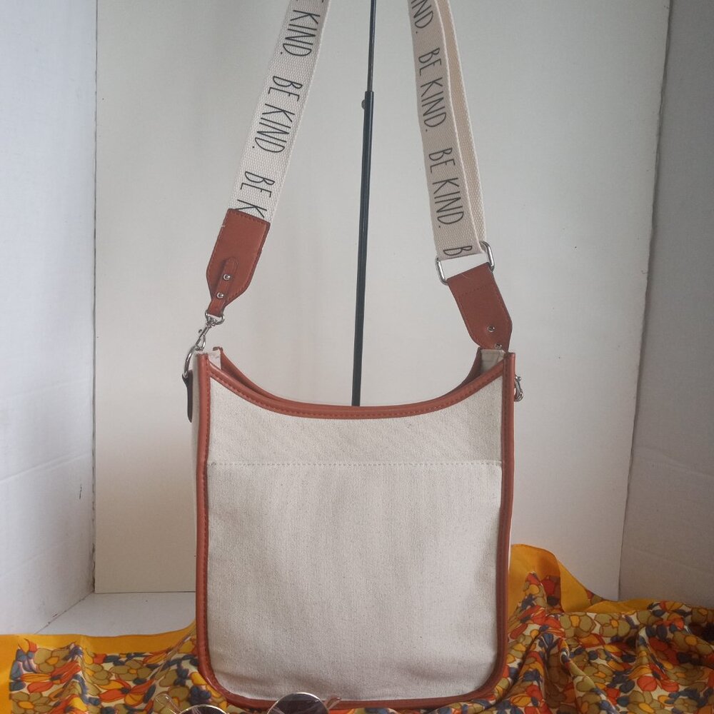 RAE DUNN "Be Kind" Shoulder Strap Zip-top Satchel Tan Canvas Brown Leather